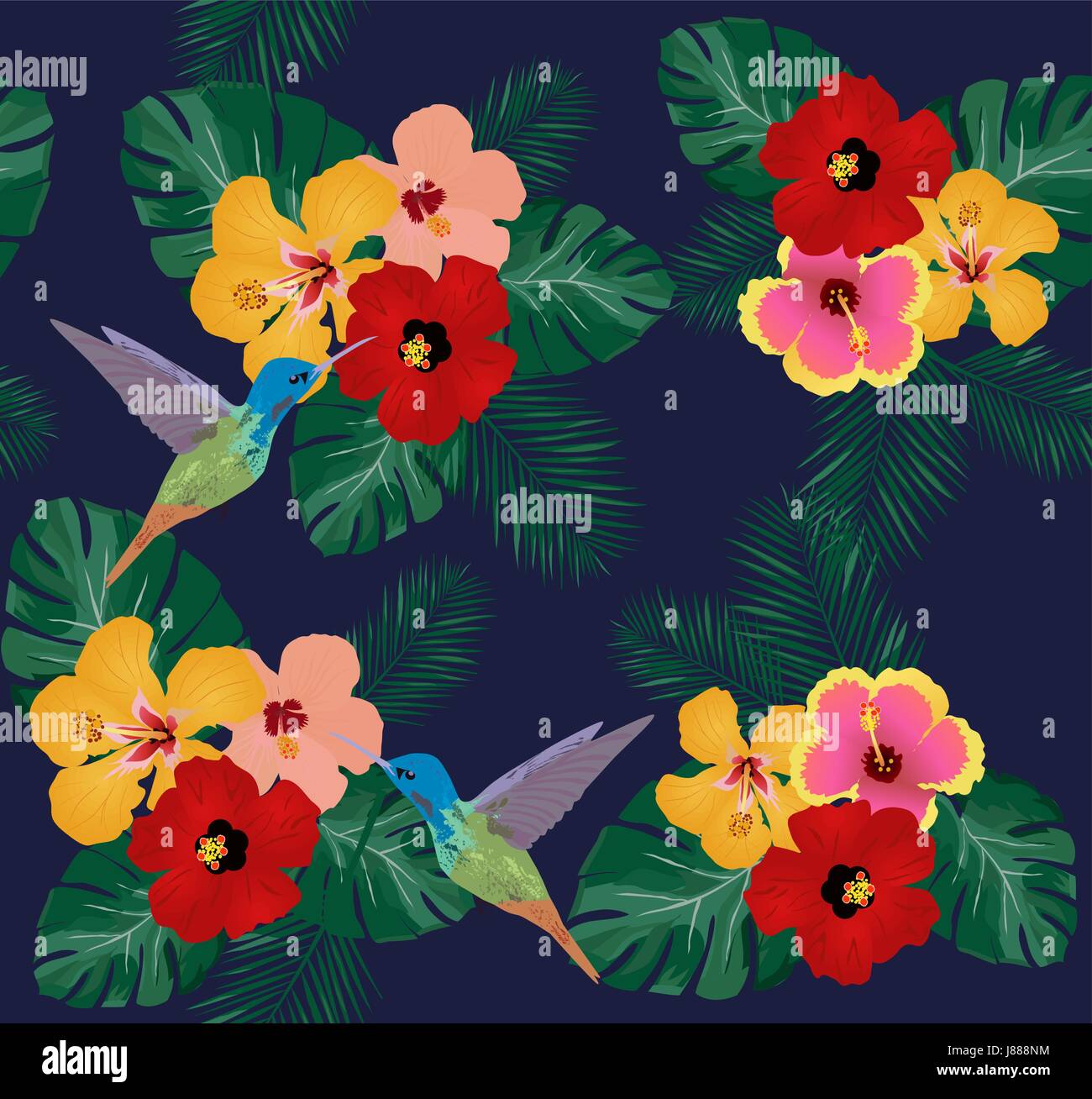 vector illustration of floral background with tropical flowers, hummingbirds Stock Vector