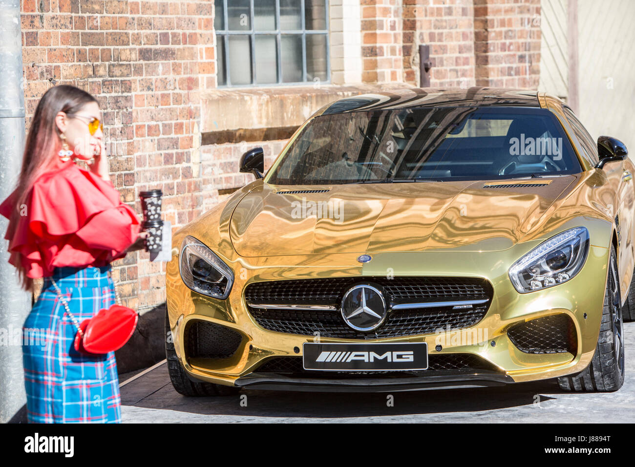 Gold Mercedes Benz sports car at Mercedes Benz Fashion Week Australia held at Carriageworks in Sydney,NSW,Australia Stock Photo