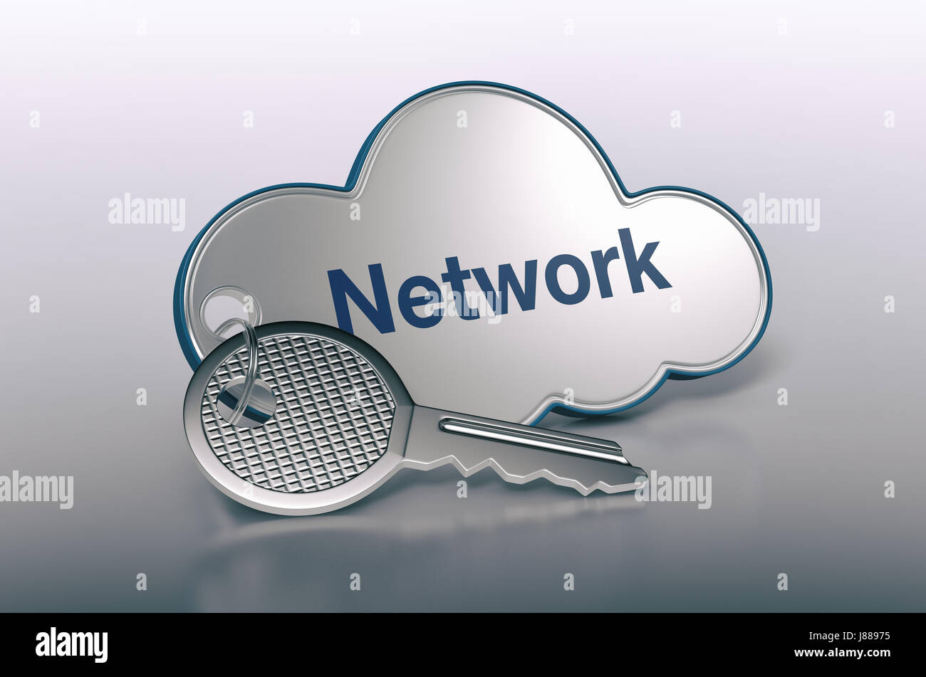 one cloud with a key and text: network, concept of computer, web, network (3d render) Stock Photo