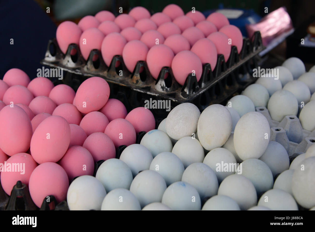 Coloured eggs for sale at the daily market in Luang Prabang, Laos Stock