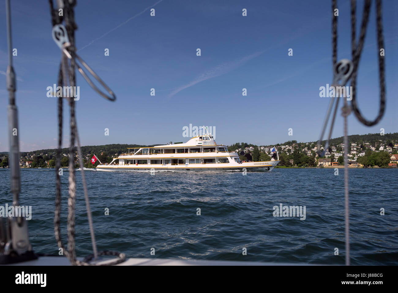 Motor boat Wädenswil on Lake Zurich, Switzerland. Stock Photo
