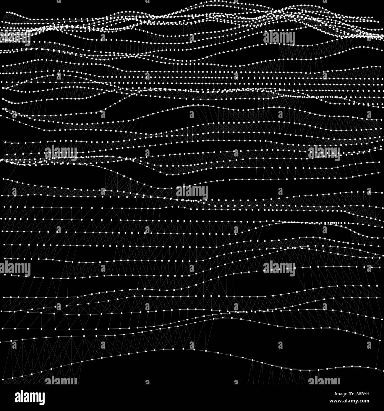 Monochrome digital polygonal ocean waves texture design. White grid on black background. Vector illustration. Business template. Surfing landscape. Stock Vector