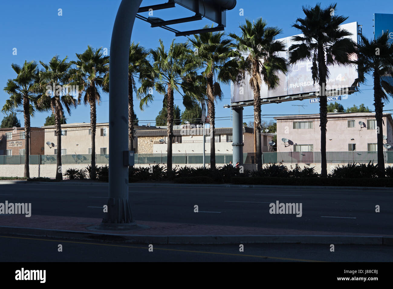 Apartment buildings along Century Boulevard in Los Angeles, CA Stock