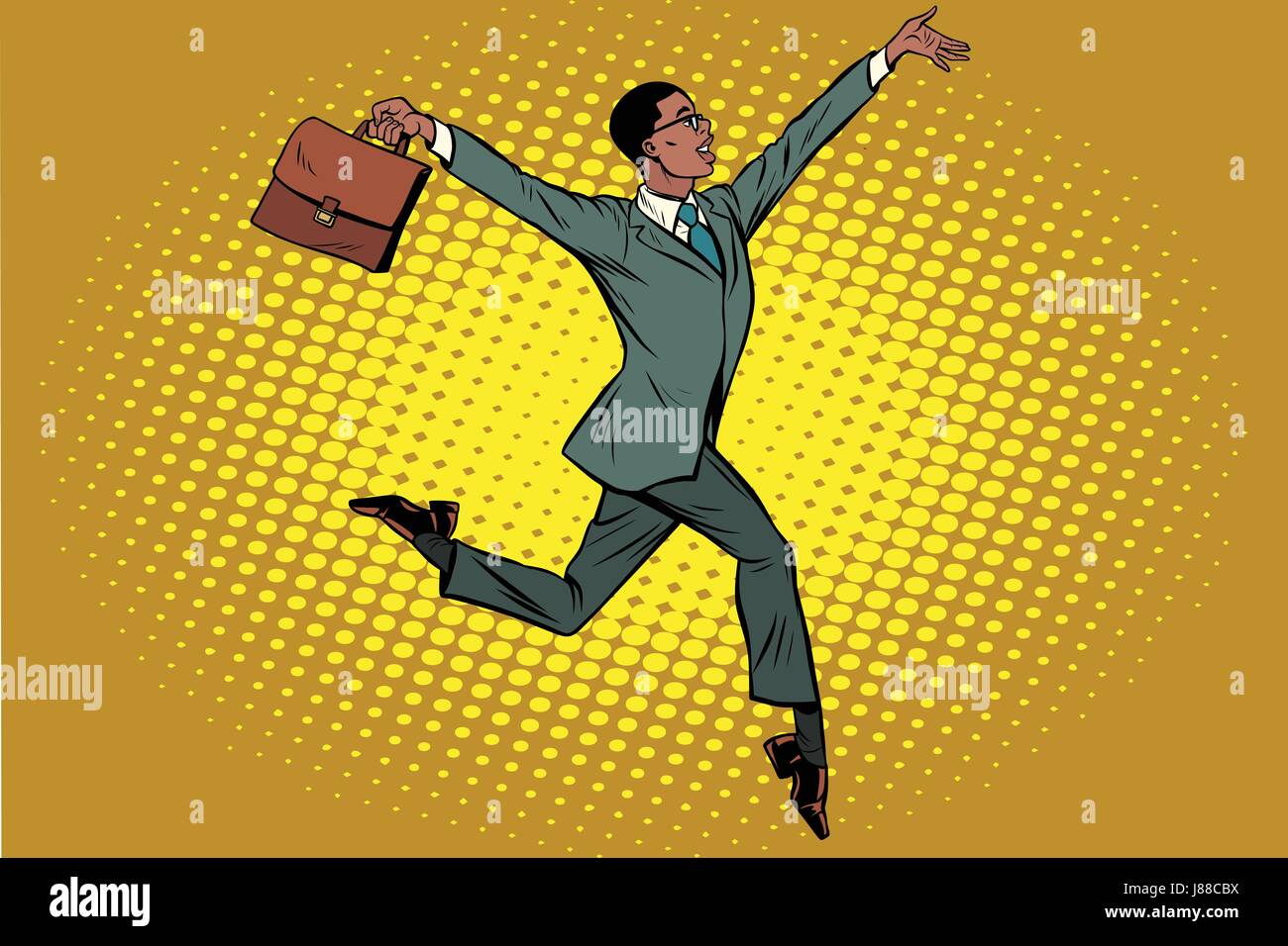 Elegant funny African businessman with briefcase running on tipt Stock Vector