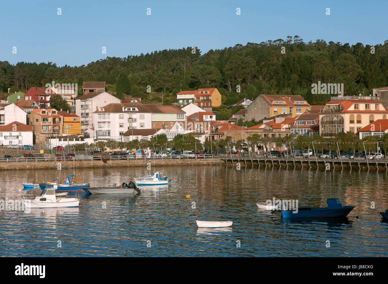 Panoramic landscape with boats, Camarinas, La Coruna province, Region of Galicia, Spain, Europe Stock Photo