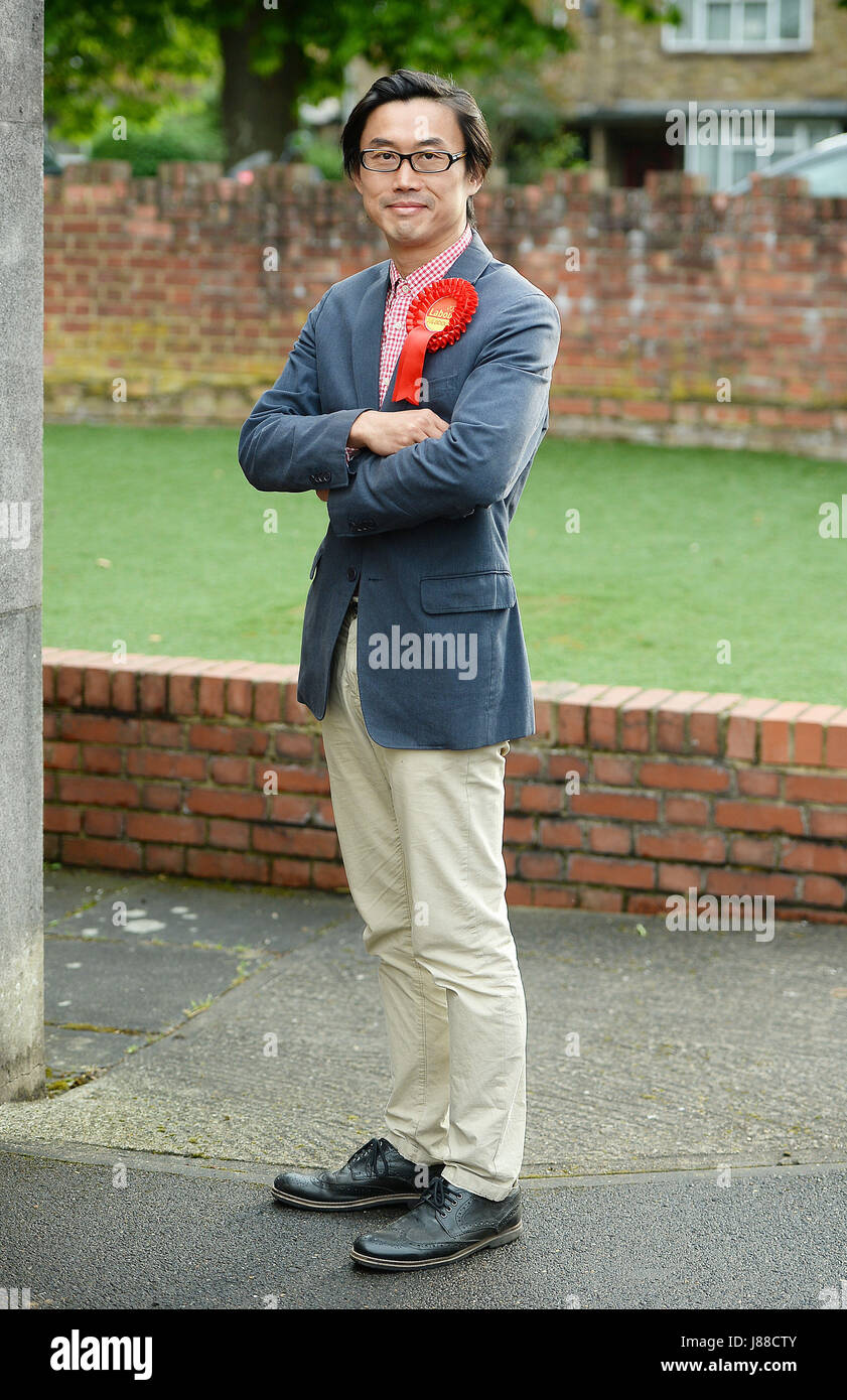 Vincent Lo the Labour Party candidate standing in the Uxbridge and South Ruislip constituency, arrives to take part in an election hustings at the Yiewsley Baptist Church, in, Yiewsley, Middlesex. Stock Photo