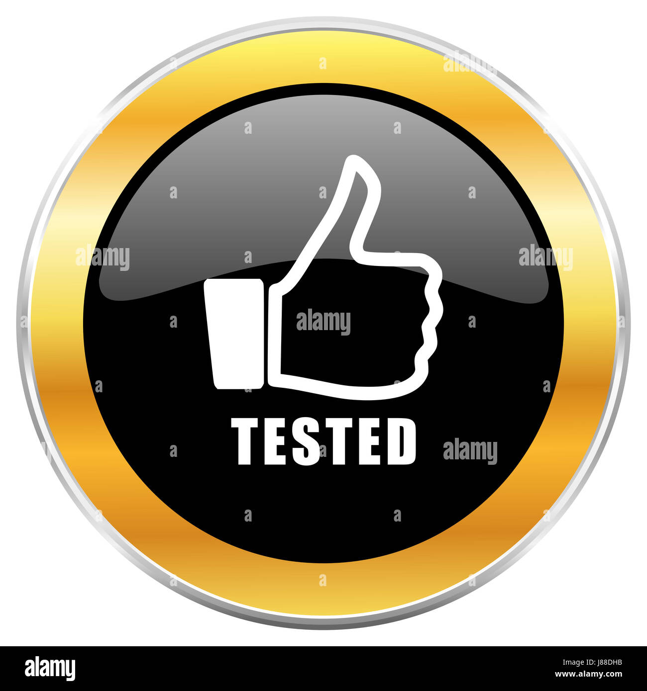 Tested black web icon with golden border isolated on white background ...