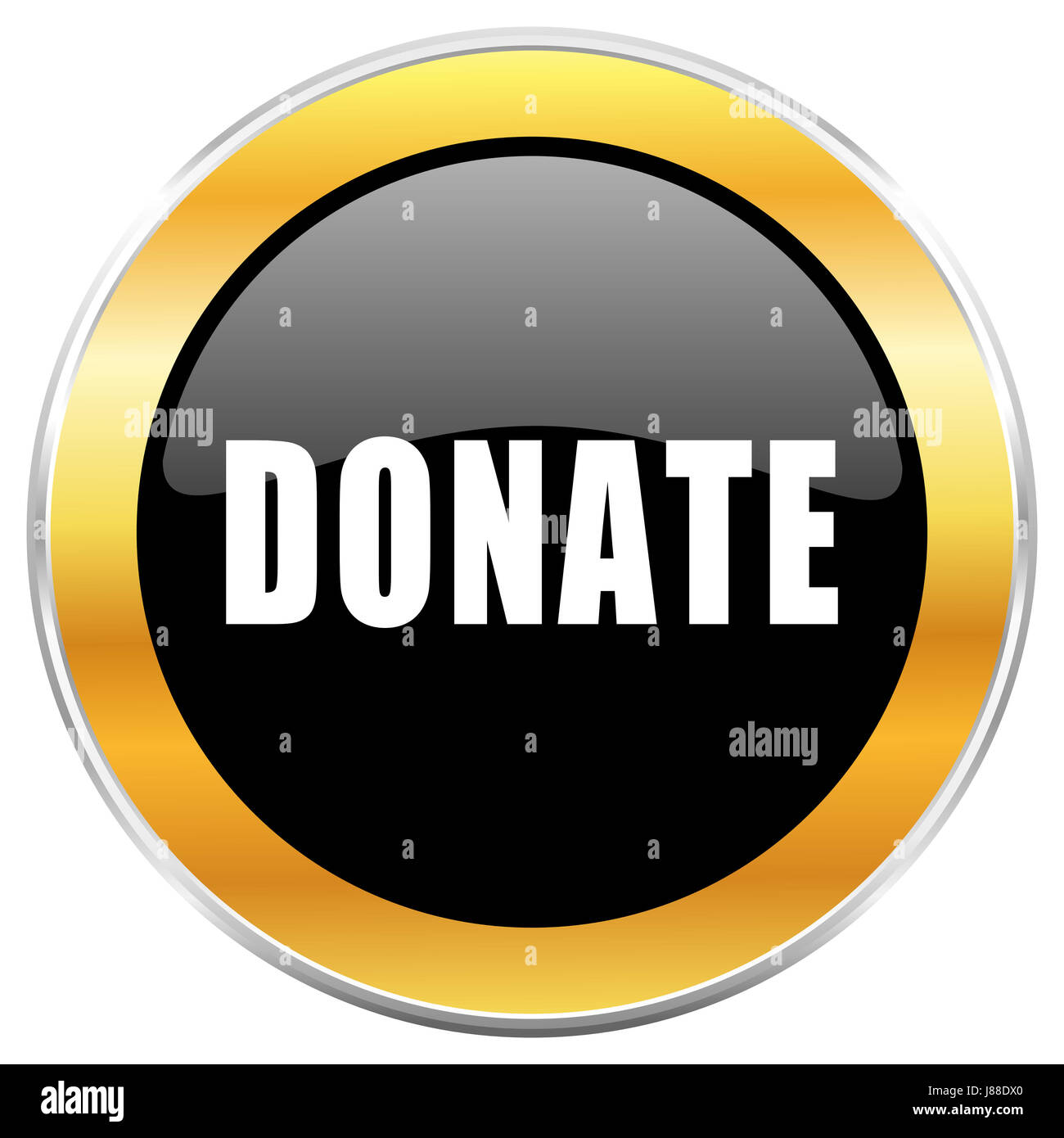 Donate black web icon with golden border isolated on white background. Round glossy button. Stock Photo