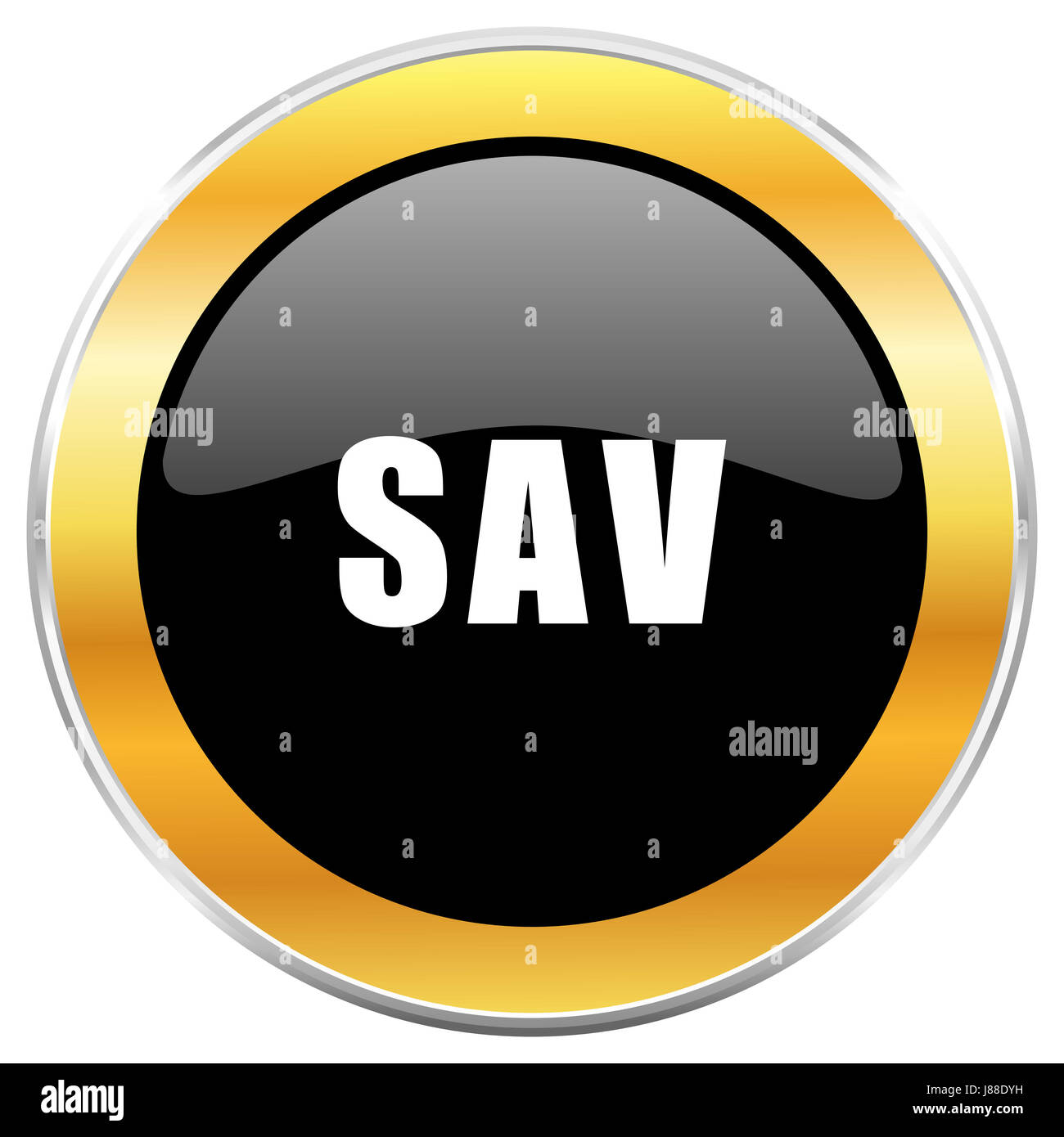Sav black web icon with golden border isolated on white background. Round glossy button. Stock Photo