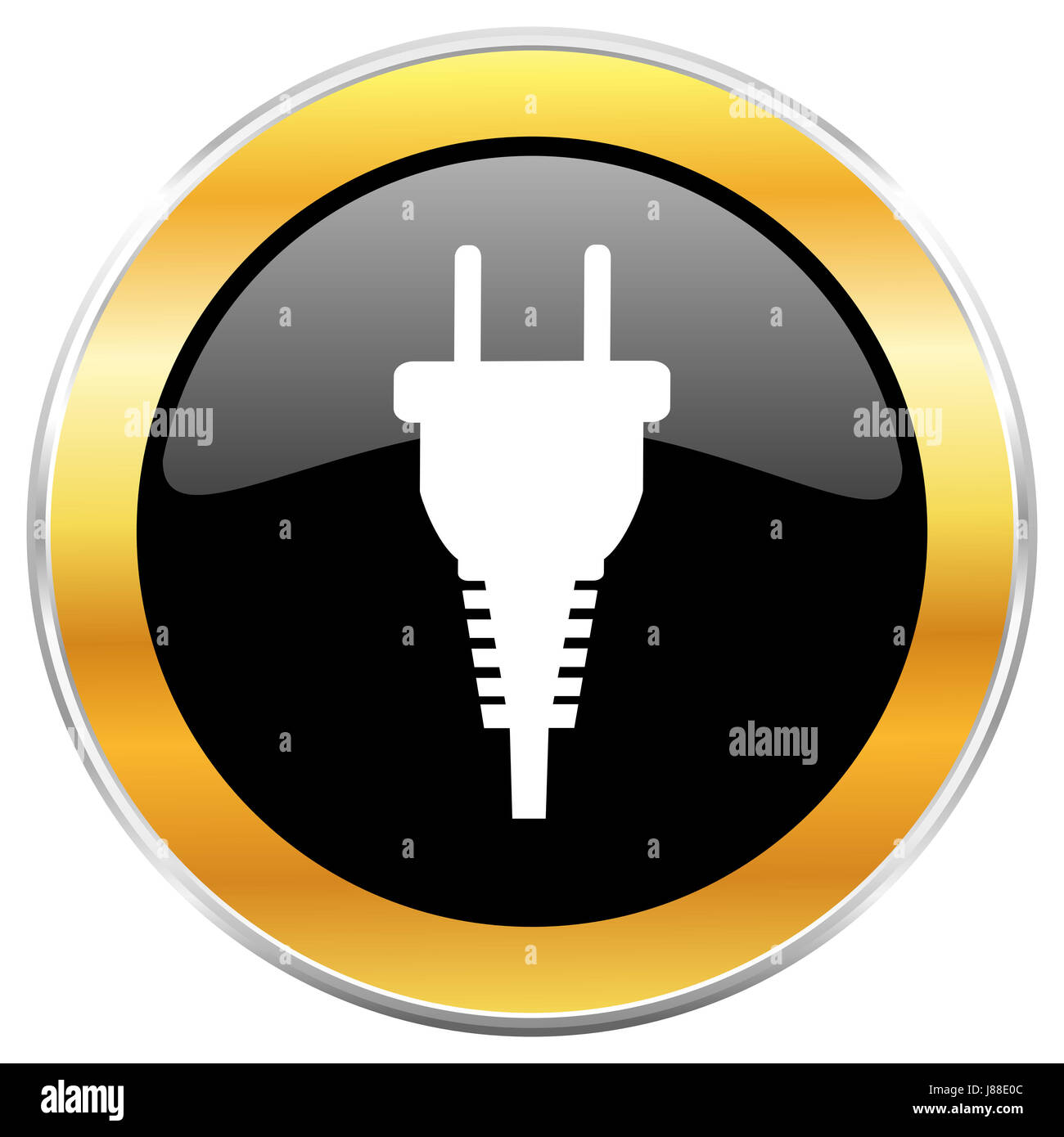 Plug black web icon with golden border isolated on white background ...