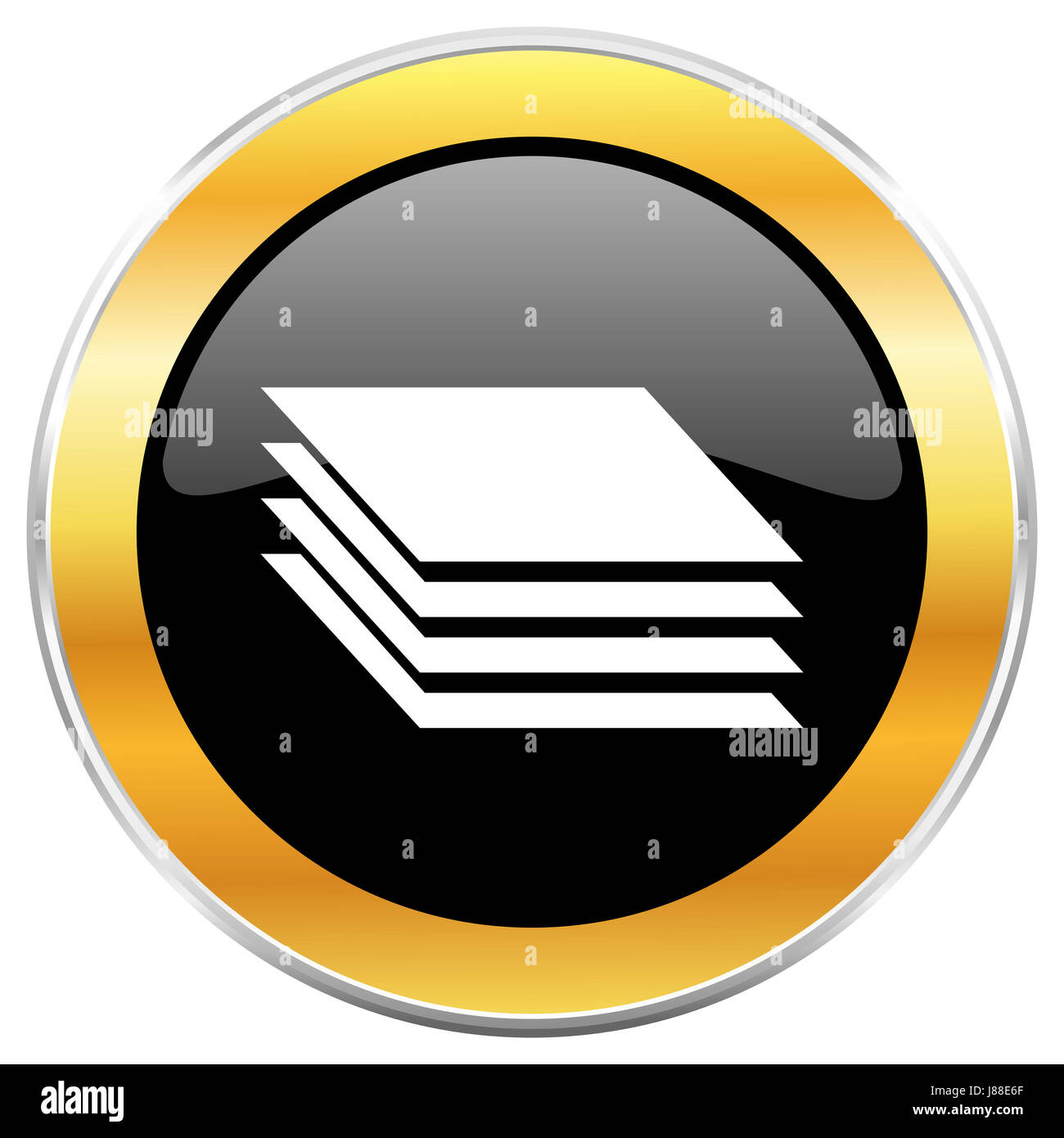 Layers black web icon with golden border isolated on white background. Round glossy button. Stock Photo
