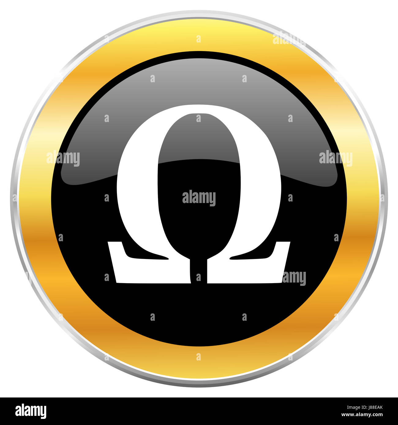 Omega black web icon with golden border isolated on white background. Round  glossy button Stock Photo - Alamy