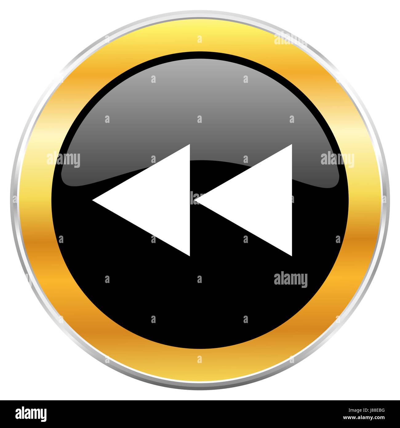 Rewind black web icon with golden border isolated on white background ...