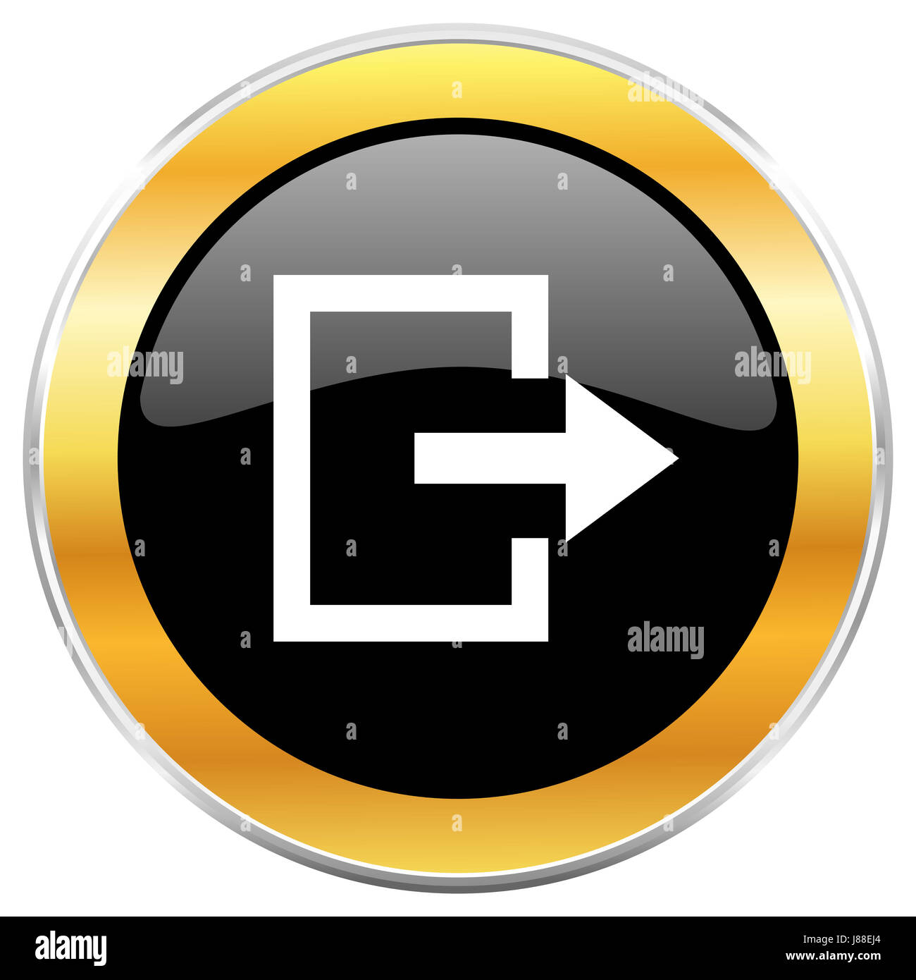 Exit black web icon with golden border isolated on white background ...