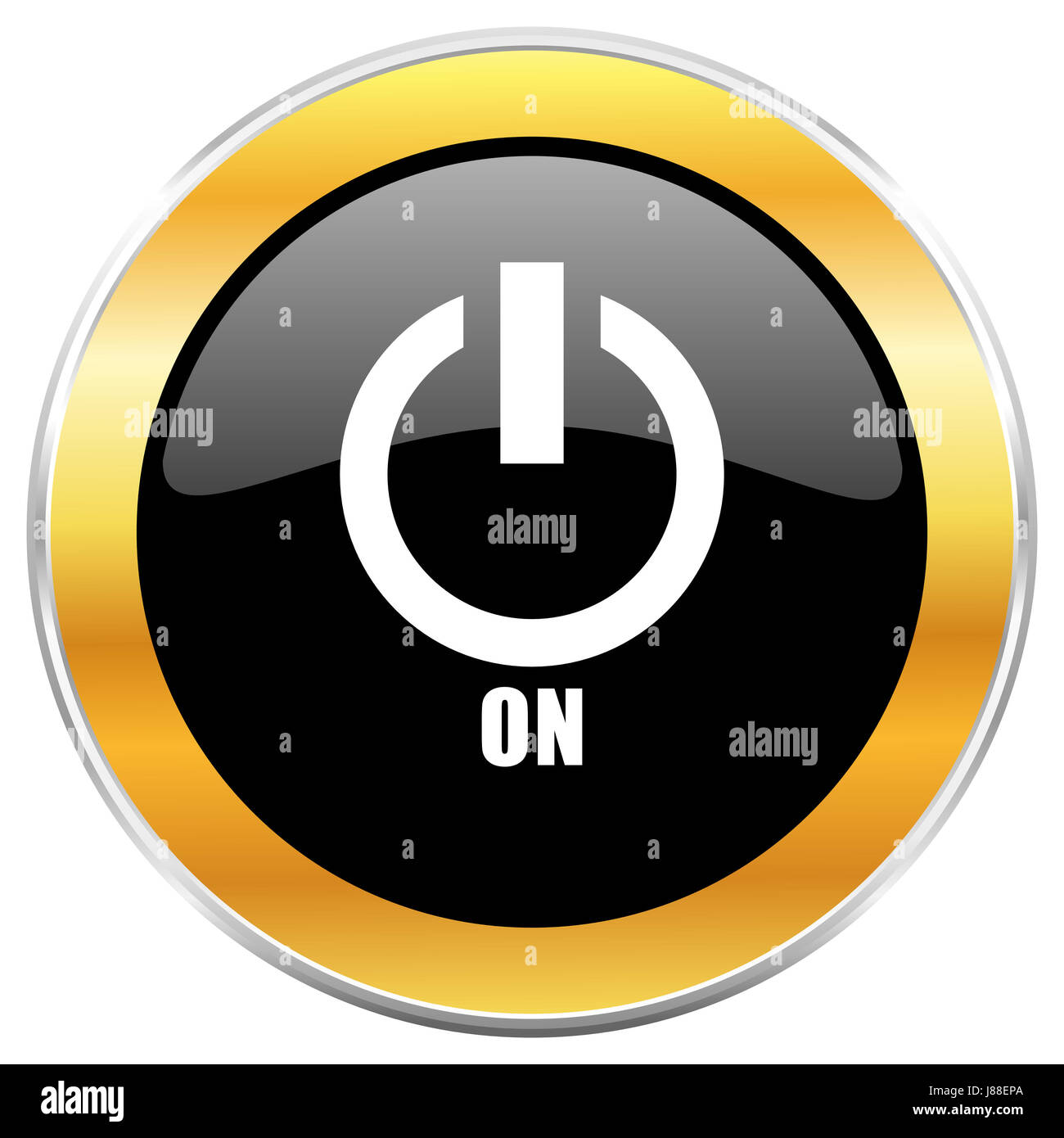 Power on black web icon with golden border isolated on white background ...