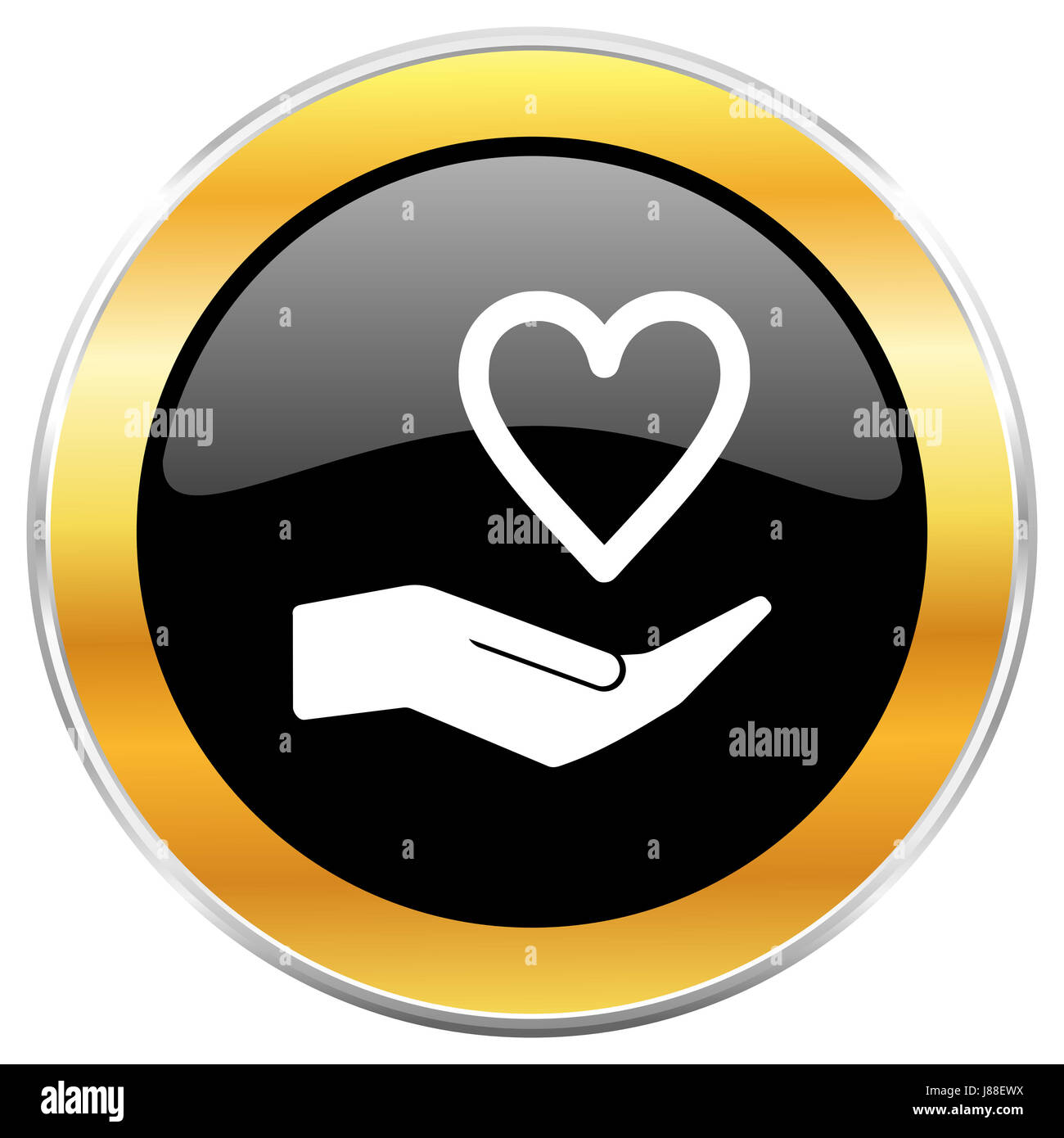Care love black web icon with golden border isolated on white background. Round glossy button. Stock Photo