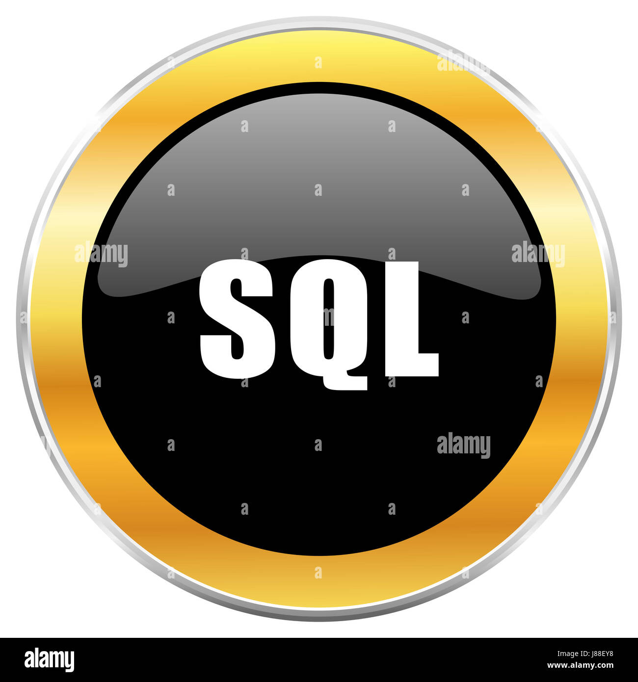 Sql black web icon with golden border isolated on white background ...