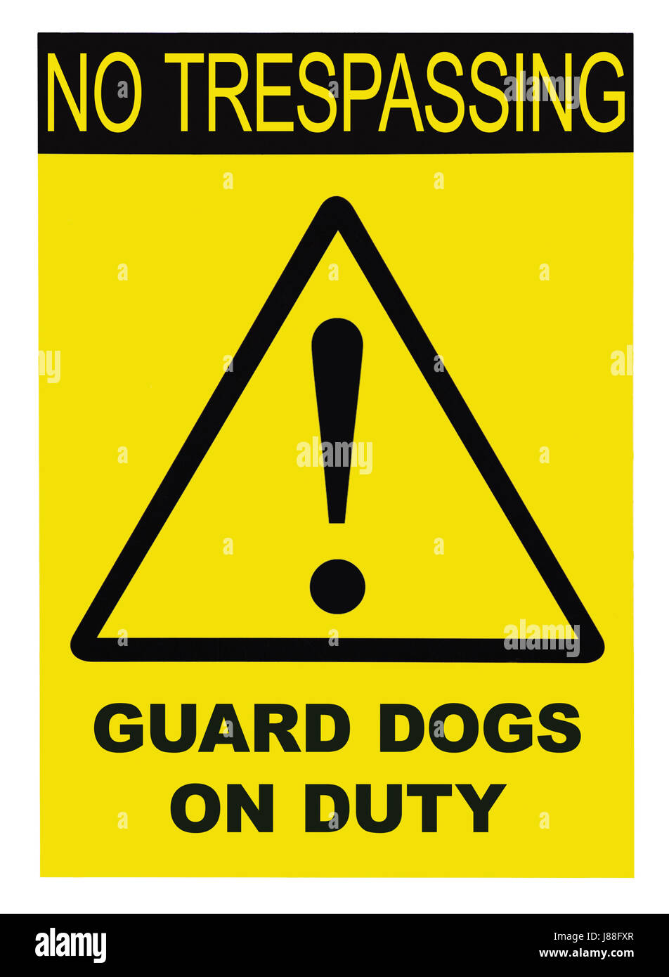 Yellow black triangle No Trespassing Guard Dogs On Duty Text Sign, isolated Stock Photo