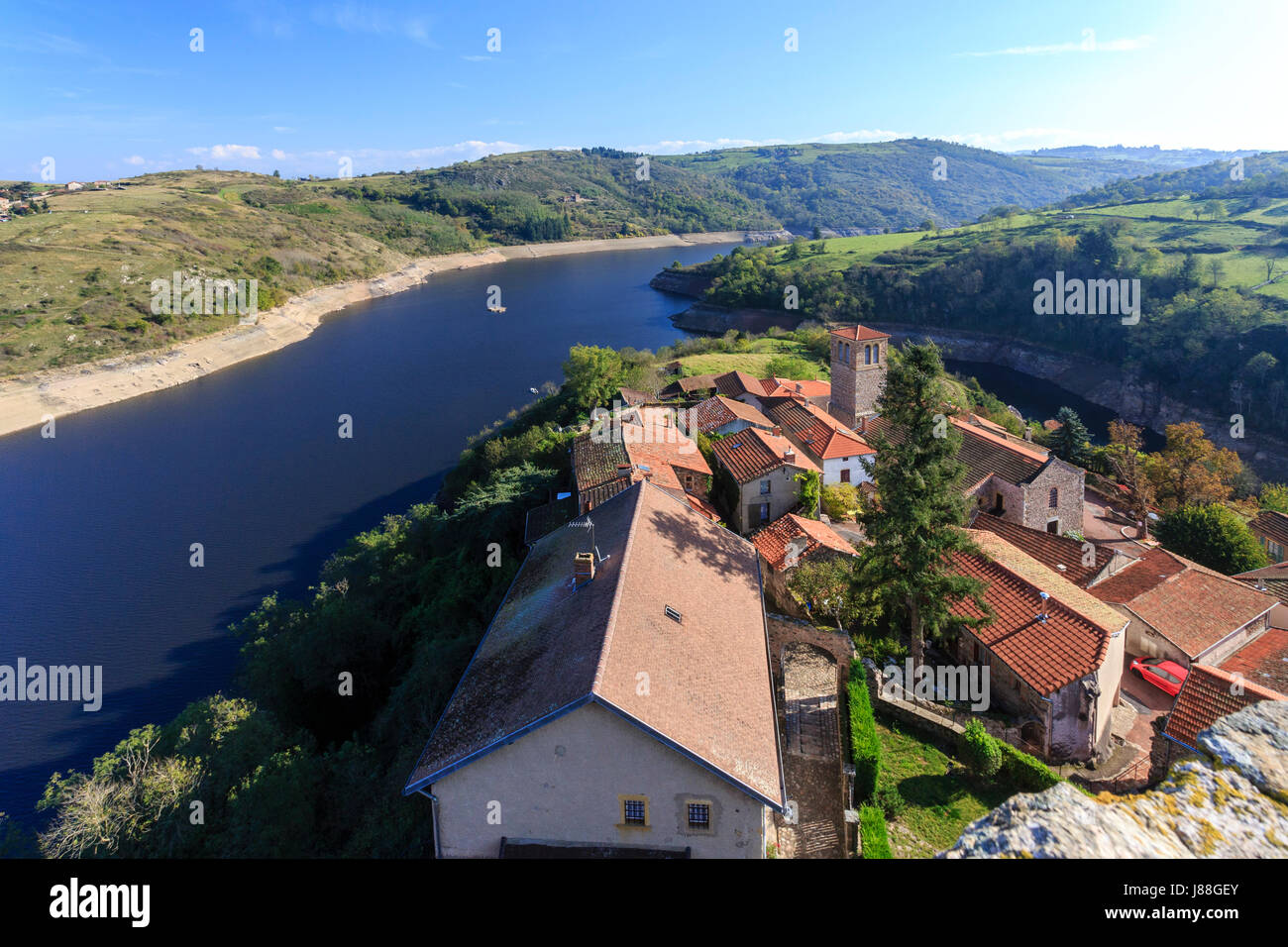 France, Loire, Saint-Jean-Saint-Maurice-sur-Loire, view from the top of the tower over the village and the Loire who is also Villerest lake (dam) Stock Photo