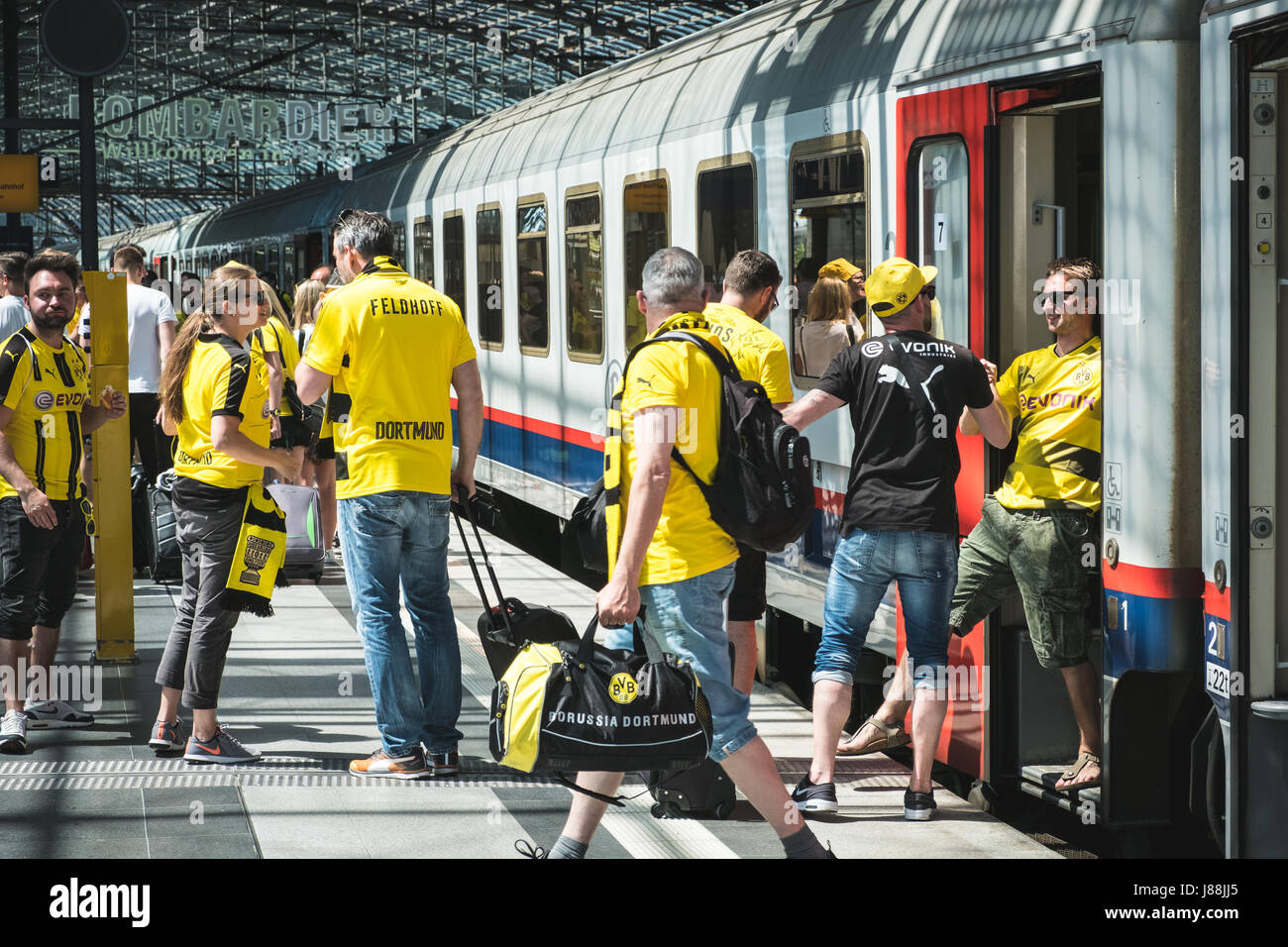 Berlin, Germany - may 27, 2017: BVB Fans / Borussia Dortmund Fans arriving on train station in Berlin on the day of the DFB-Pokal final. Stock Photo