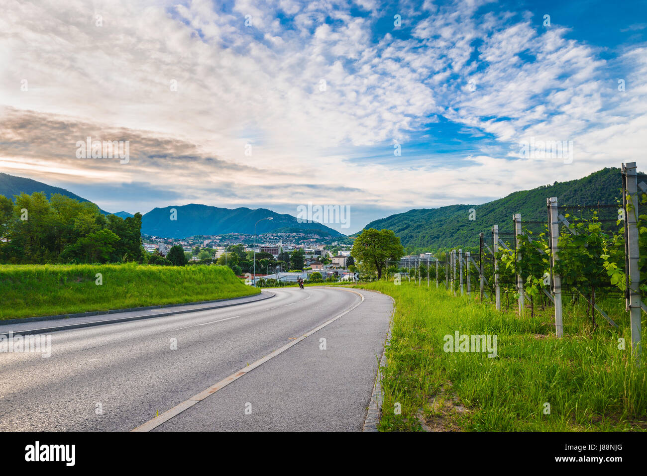 Chiasso, Ticino canton, Switzerland. View of the town of Italian Switzerland, on a beautiful morning with blue sky and white clouds Stock Photo