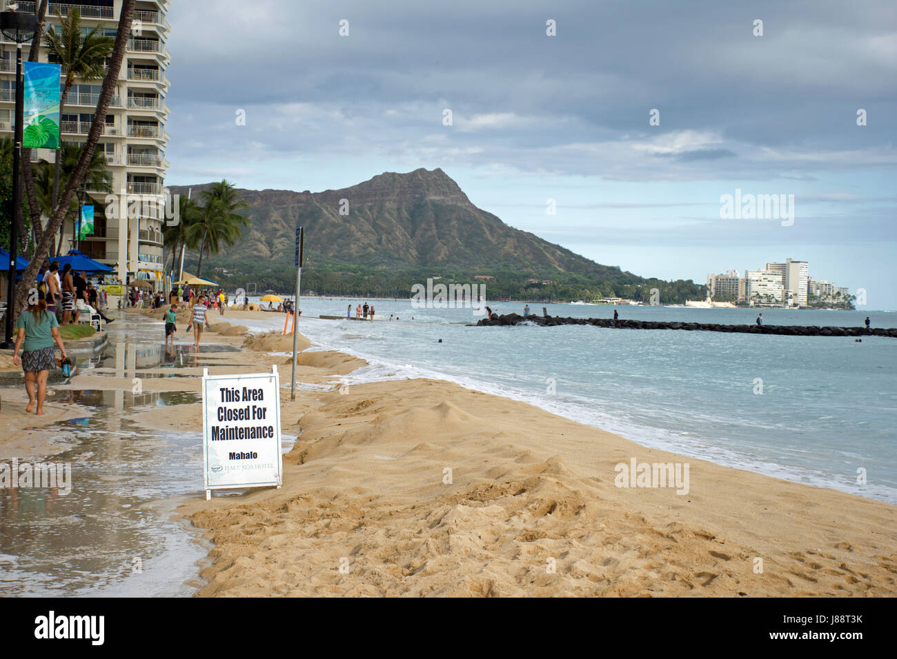 Record high tides or king tides in Waikiki Beach in May 2017, Oahu, Hawaii Stock Photo