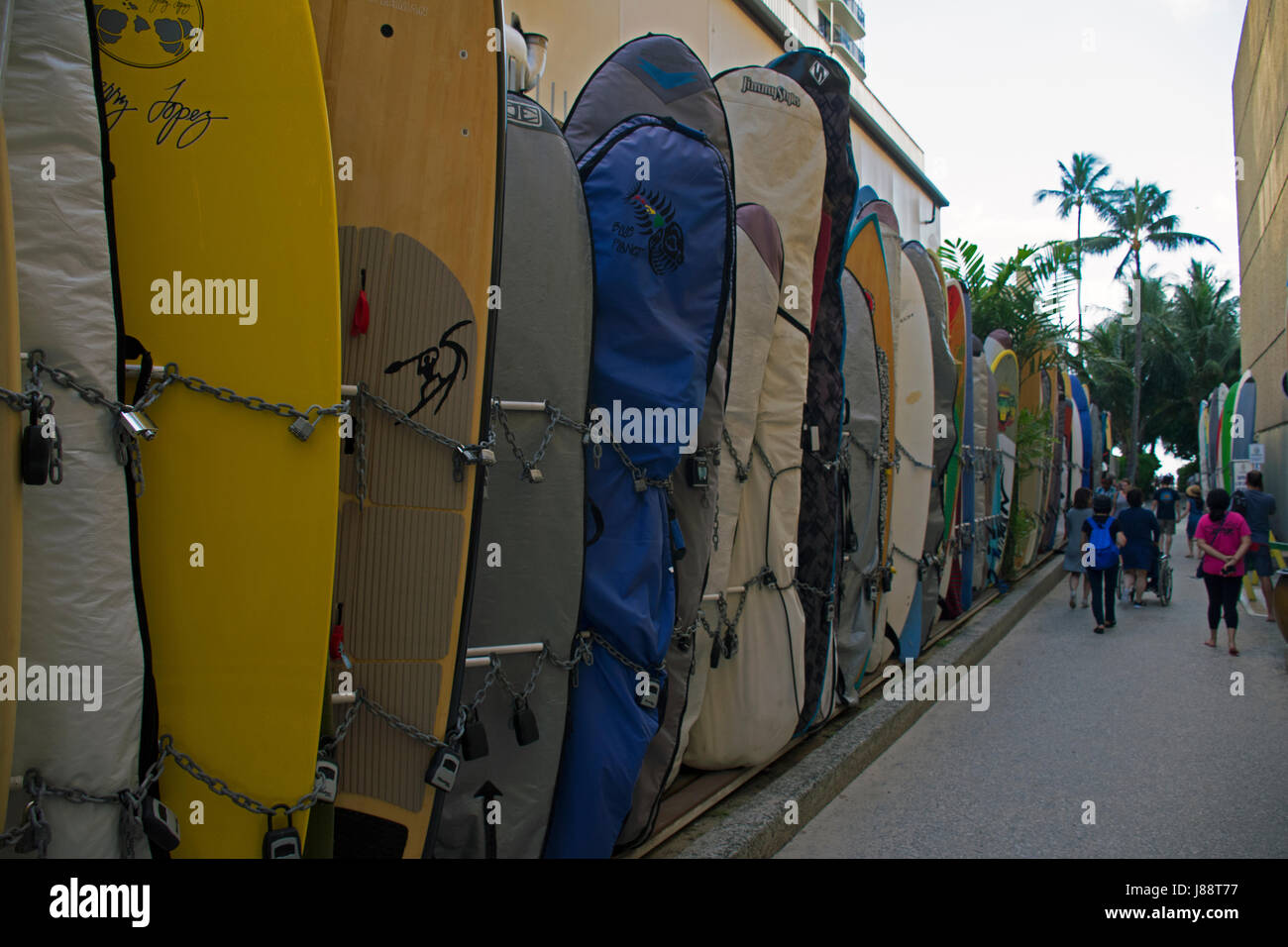 Surfboard storage alley in Waikiki Beach, Oahu, Hawaii Stock Photo