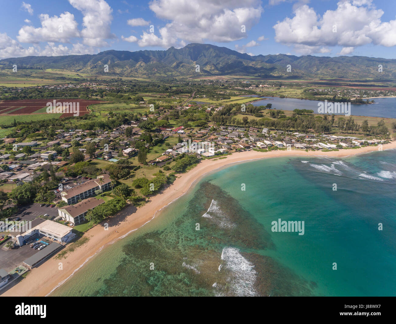 Aerial view above Haleiwa On the north shore of Oahu Hawaii Stock Photo