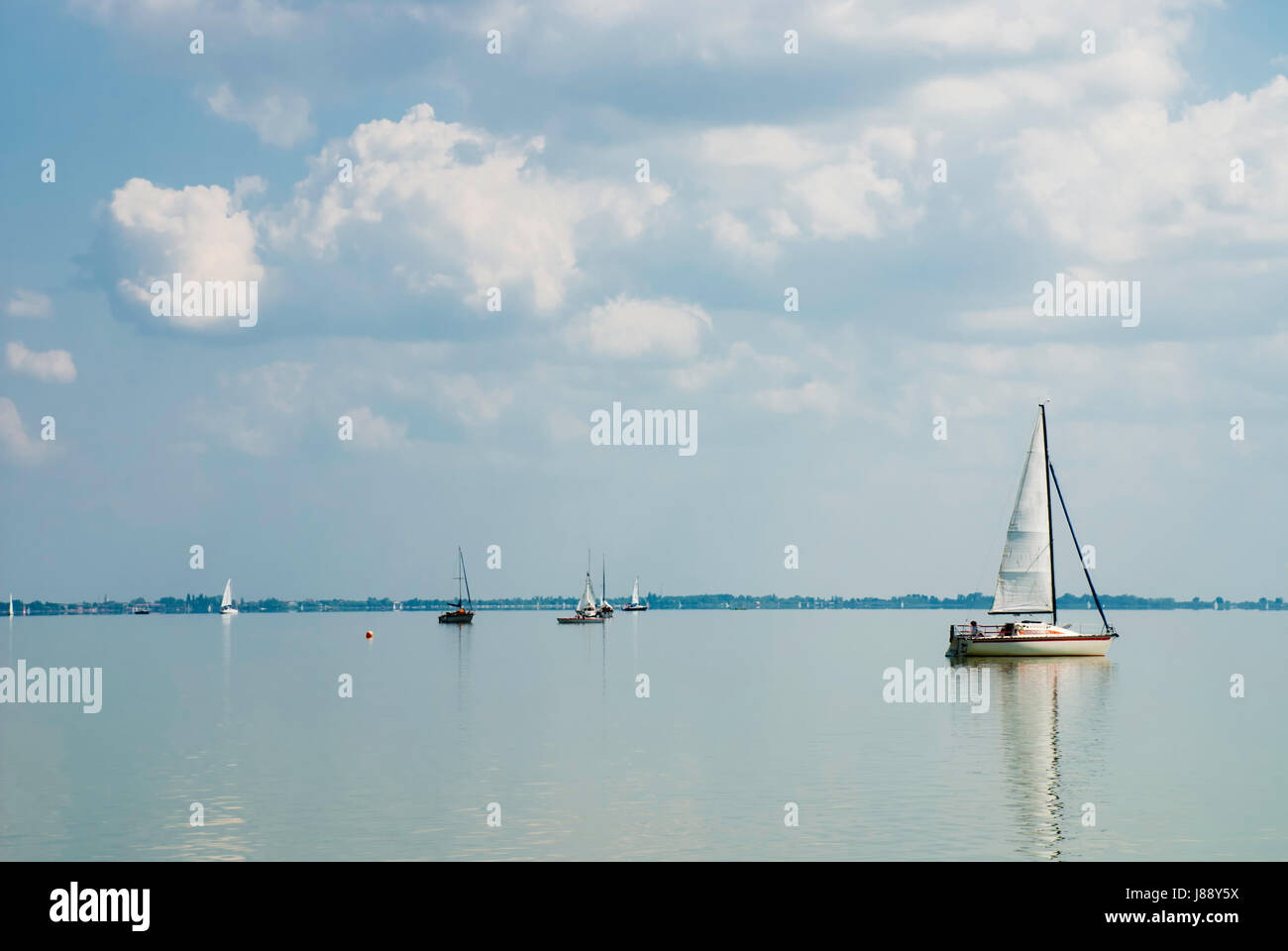 sail, sailing boat, sailboat, windless, windlessness, dullness, neusiedlersee, Stock Photo