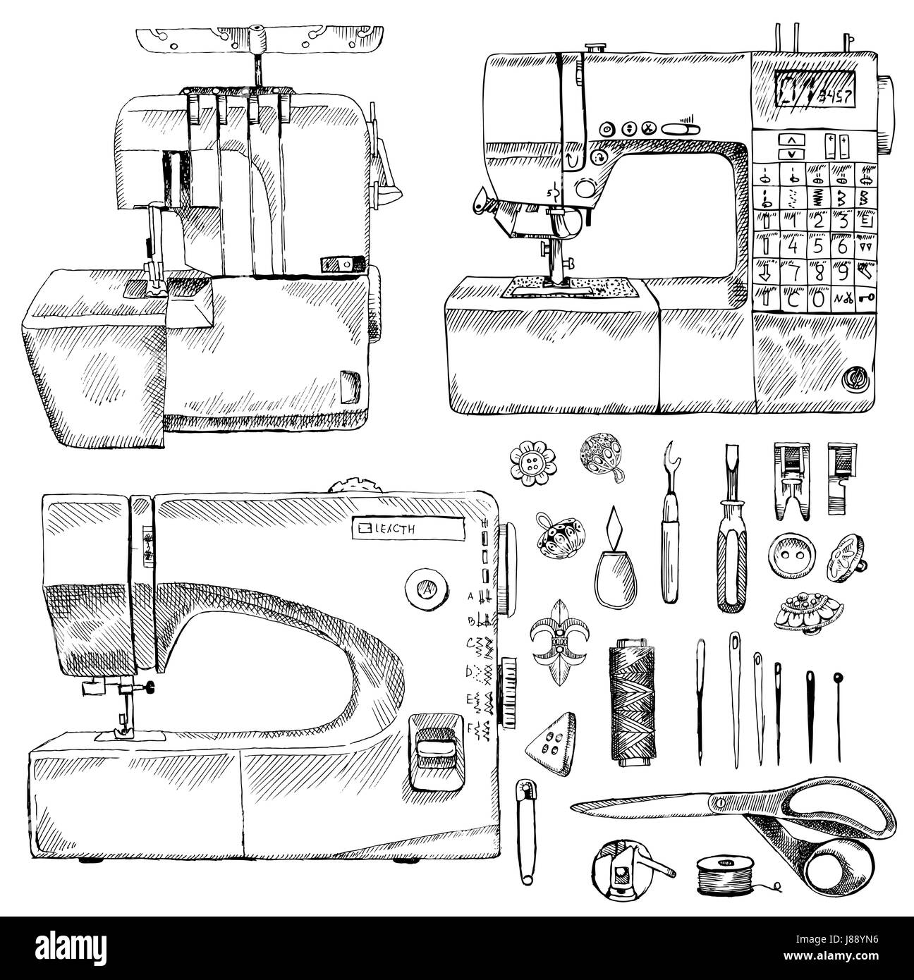 Tailor Shop Hand Drawn Equipment Set with sewing-machine Stock Vector ...
