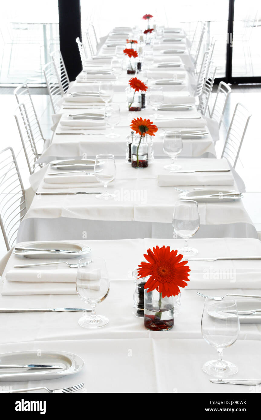 restaurant, food, aliment, flower, plant, service, cutlery, table, white, red, Stock Photo