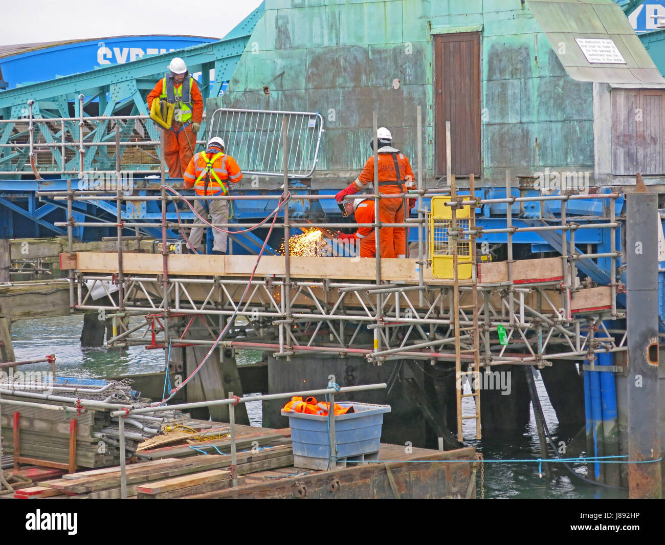 The historic bascule lifting bridge in Poole undergoing a major refurbishment and refit during 2017, Dorset, England Stock Photo