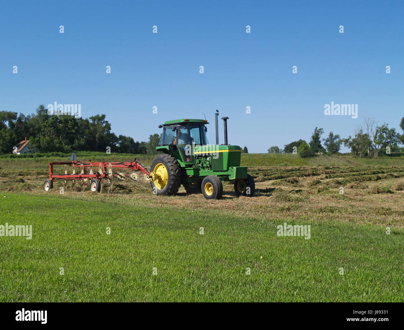 agriculture, farming, field, harvest, farm, tractor, hay, country, rake, blue, Stock Photo