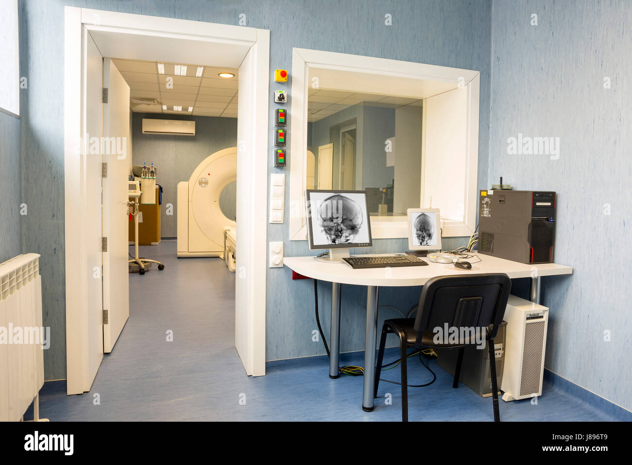 Room monitoring during MRI scan in neurosurgery room in a modern