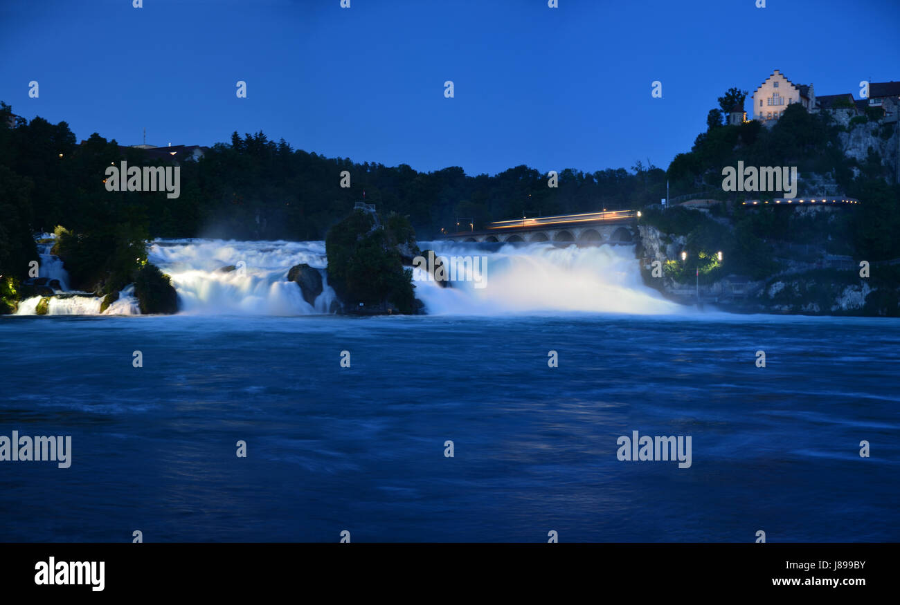 rhine, night photograph, switzerland, sightseeing, waterfall, zurich, lighting, Stock Photo