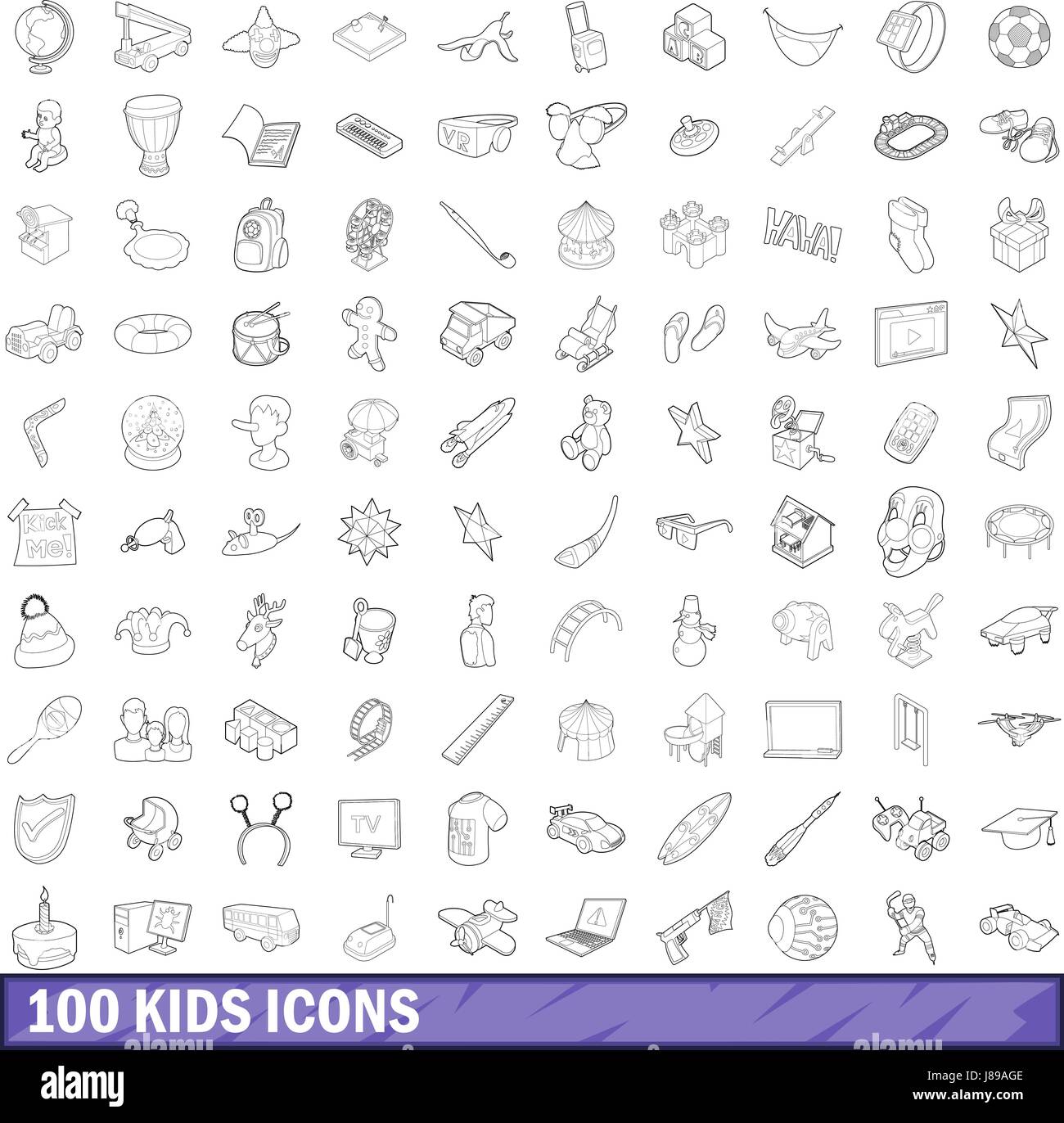 100 kids icons set, outline style Stock Vector