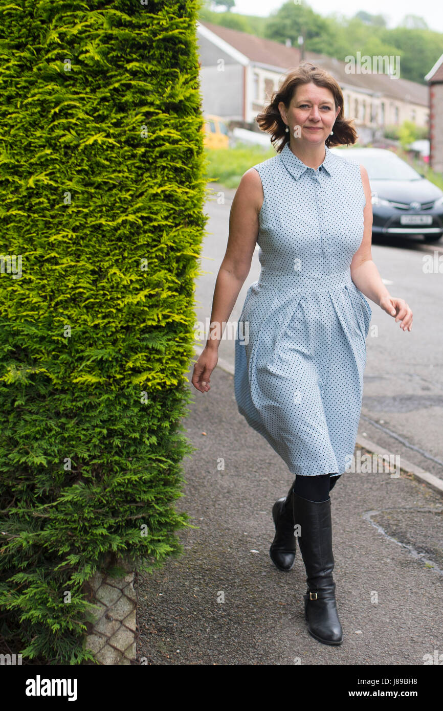 Leader of Plaid Cymru Leanne Wood door-to-door campaigning in Rhondda Cynon  Taf on behalf of candidate Branwen Cennard on May 27, 2017 in Porth, Wales.  A general election is to be held