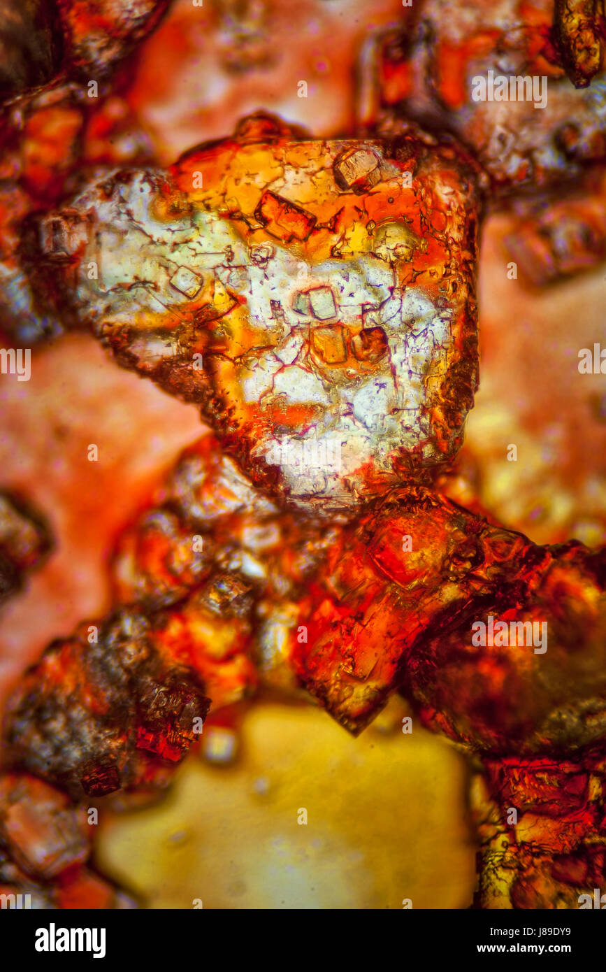 Colorful salt grains under microscope. Extreme salt closeup. Microscopic mineral detail. Stock Photo