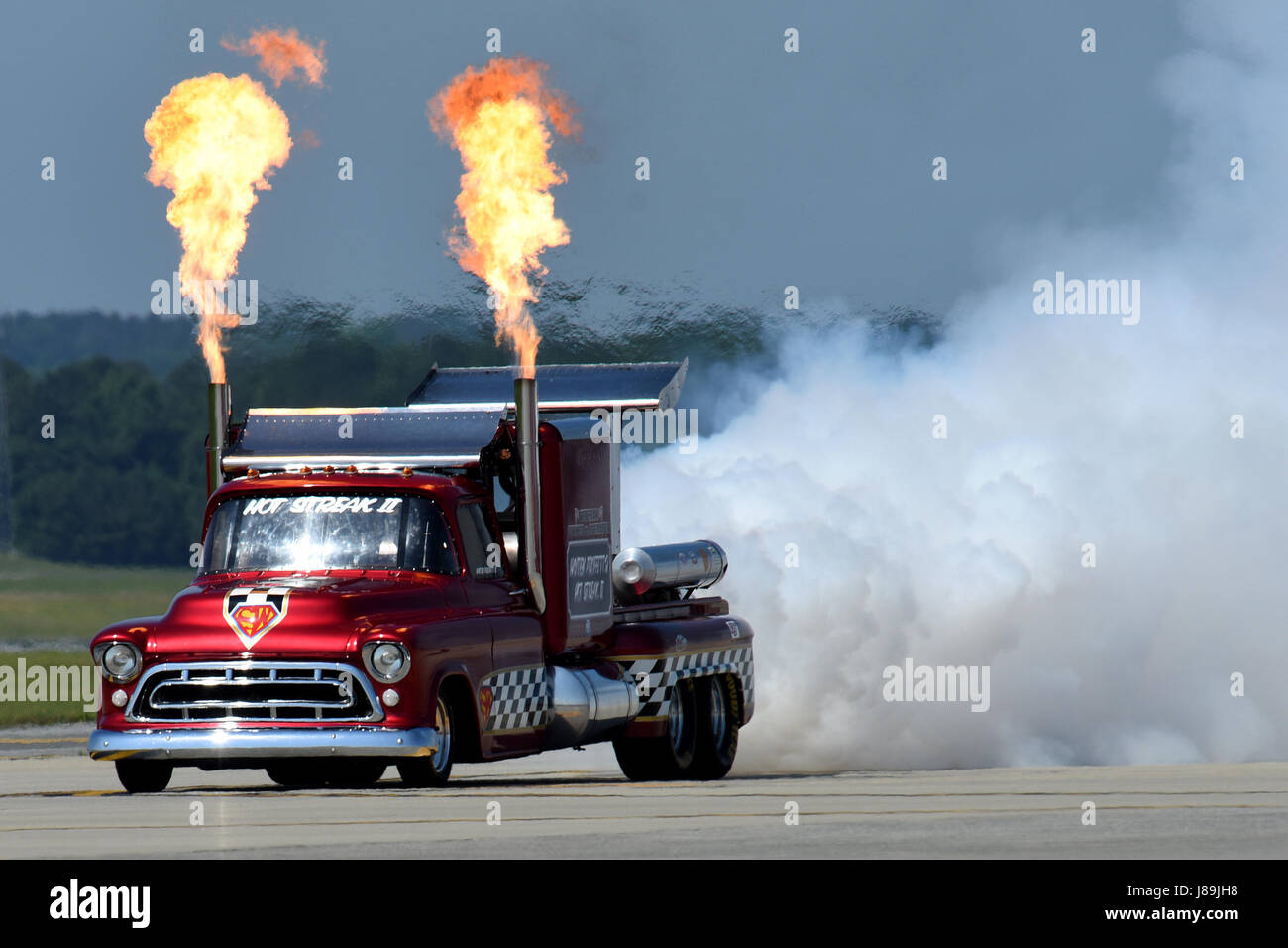 The Smoke-N-Thunder jet truck participated in the Wings Over Wayne Air Show, May 20, 2017, at Seymour Johnson Air Force Base, North Carolina. The Hot Streak II is a twin-jet engine 1957 Chevrolet pickup, capable of reaching speeds exceeding 350 miles per hour. (U.S. Air Force photo by Airman 1st Class Miranda A. Loera) Stock Photo