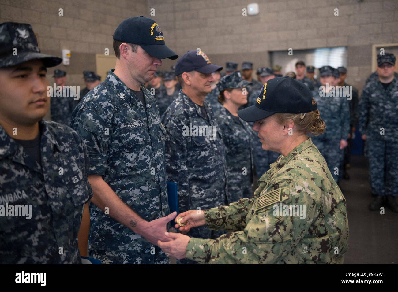 170520-N-QP351-061 INDIANAPOLIS (May 20, 2017) Rear Admiral Linda Wackerman, Deputy Commander, U.S. Naval Forces Southern Command, 4th Fleet, visits with Sailors from Navy Operational Support Center Indianapolis during an Admirals Call. Wackerman who also serves as the flag mentor for NOSC Indianapolis, held an all-hands Q&A session for E-6 and below Sailors to address upcoming changes and get feedback regarding Navy-related issues they feel need to be improved. (U.S. Navy photo by Mass Communication Specialist 2nd Class (SW/EXW/AW/SC) J. Michael Schwartz) Stock Photo