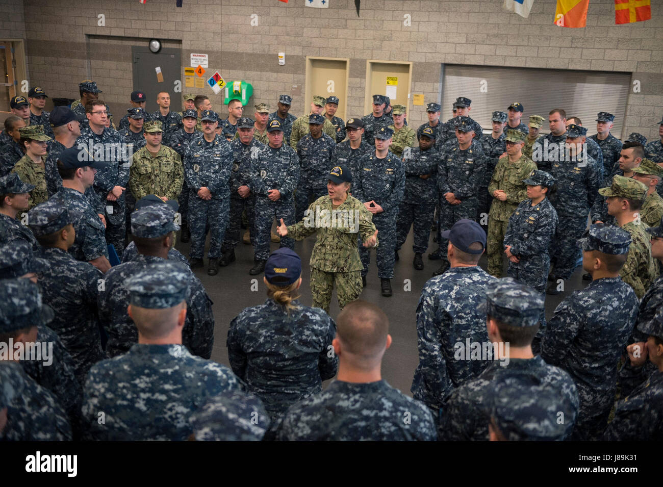 170520-N-QP351-079 INDIANAPOLIS (May 20, 2017) Rear Admiral Linda Wackerman, Deputy Commander, U.S. Naval Forces Southern Command, 4th Fleet, visits with Sailors from Navy Operational Support Center Indianapolis during an Admirals Call. Wackerman who also serves as the flag mentor for NOSC Indianapolis, held an all-hands Q&A session for E-6 and below Sailors to address upcoming changes and get feedback regarding Navy-related issues they feel need to be improved. (U.S. Navy photo by Mass Communication Specialist 2nd Class (SW/EXW/AW/SC) J. Michael Schwartz) Stock Photo