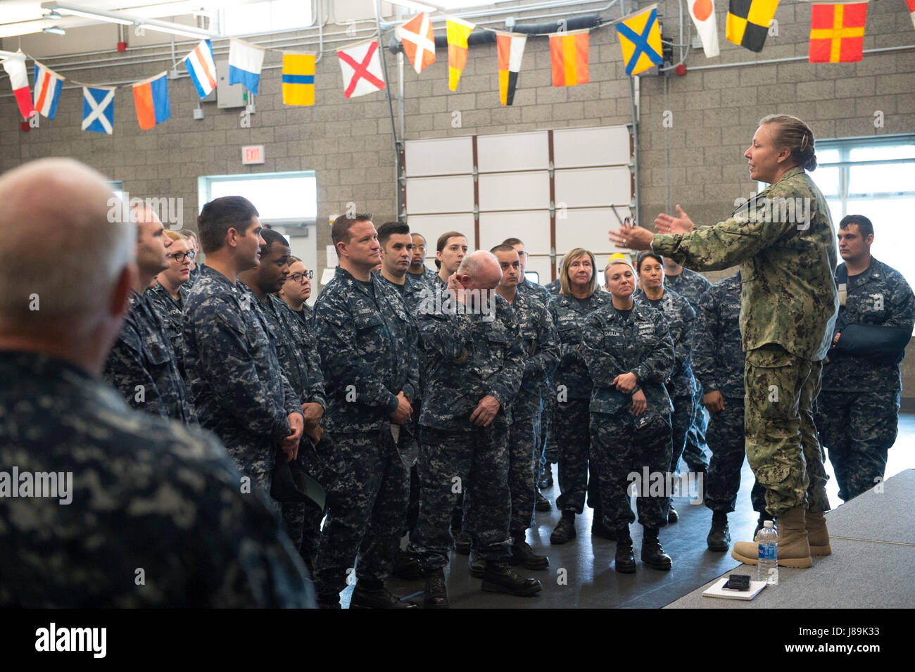 170520-N-QP351-083 INDIANAPOLIS (May 20, 2017) Rear Admiral Linda Wackerman, Deputy Commander, U.S. Naval Forces Southern Command, 4th Fleet, visits with Sailors from Navy Operational Support Center Indianapolis during an Admirals Call. Wackerman who also serves as the flag mentor for NOSC Indianapolis, held an all-hands Q&A session for E-6 and below Sailors to address upcoming changes and get feedback regarding Navy-related issues they feel need to be improved. (U.S. Navy photo by Mass Communication Specialist 2nd Class (SW/EXW/AW/SC) J. Michael Schwartz) Stock Photo
