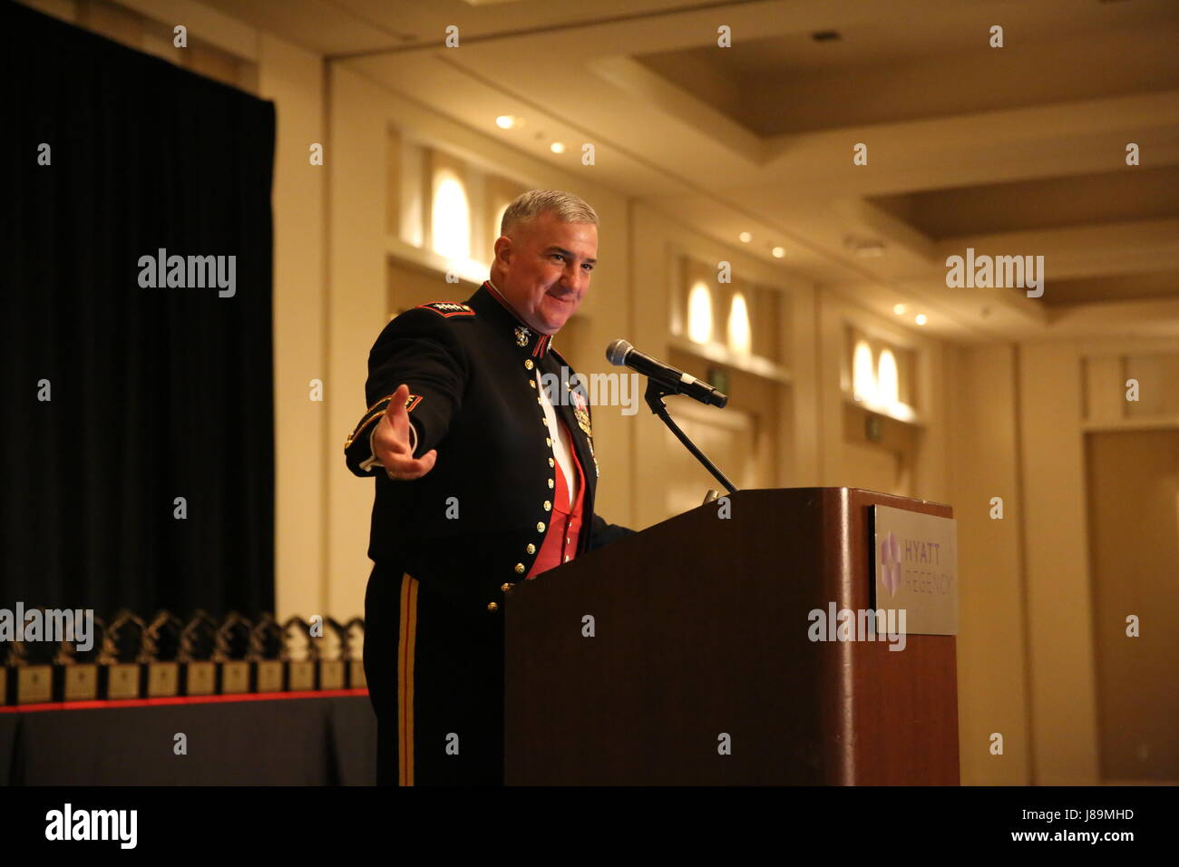 The Assistant Commandant of the Marine Corps, Gen. Glenn Walters, addresses the audience as the guest speaker of the Marine Corps Aviation Association’s 46th Annual Symposium and Awards Banquet at the Hyatt Regency Hotel in La Jolla, California, May 19. The MCAA awards program was founded in 1962 and since then has recognized excellence in Marine aviation through education, activities, media, events and its awards program. 3rd Marine Aircraft Wing received six individual awards and three squadron awards. (U.S. Marine Corps photo by Cpl. Harley Robinson/released) Stock Photo