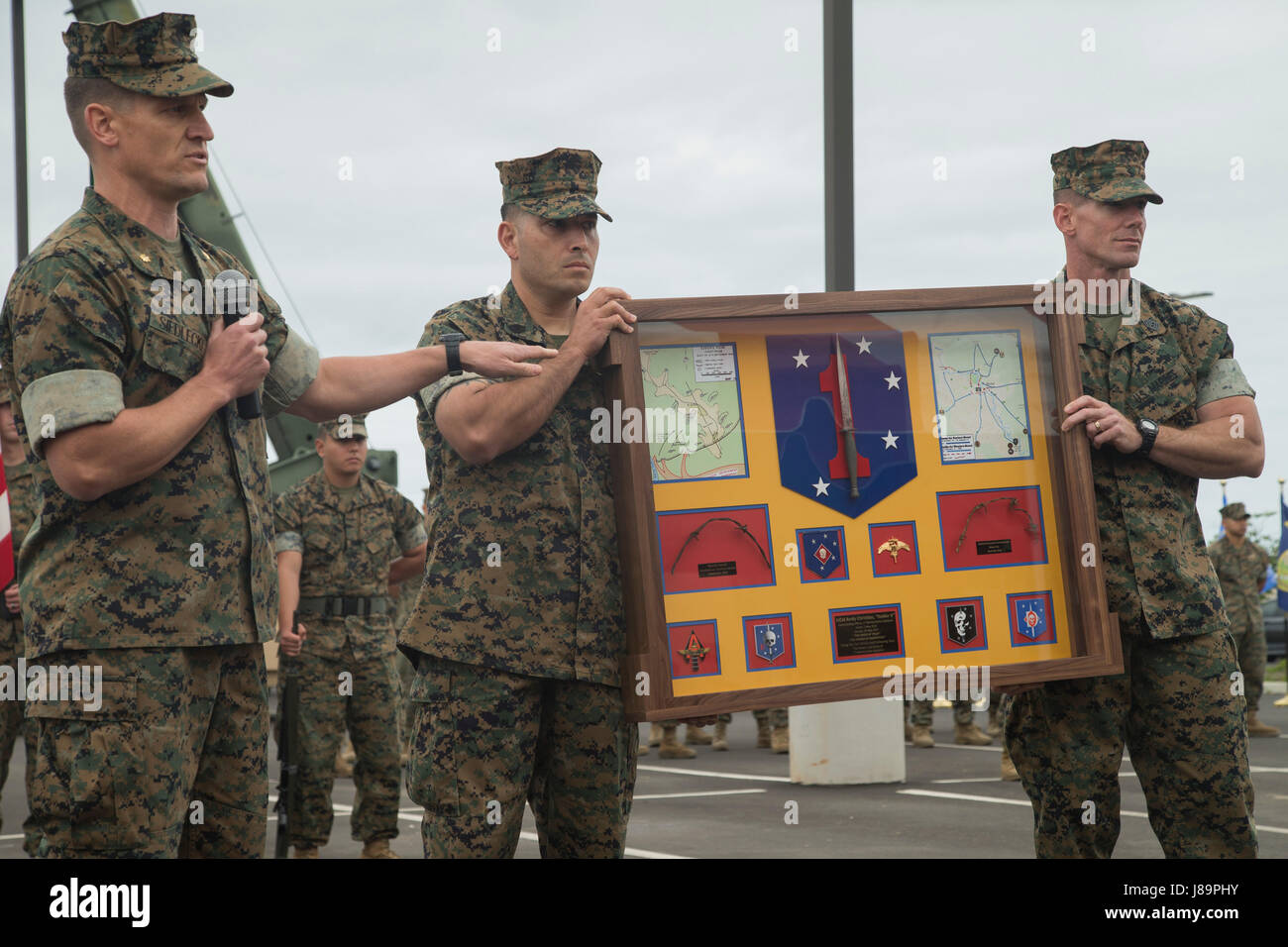 U.S. Marines with 1st Marine Raider Support Battalion present Lt. Col