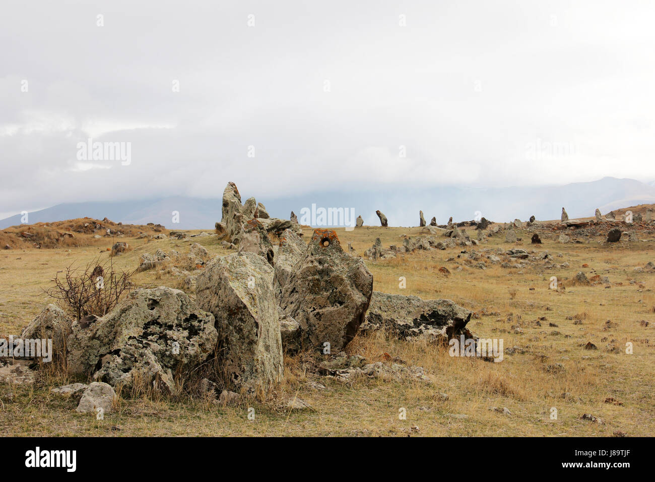 Zorats Karer, or Carahunge, also known as the Stonehenge of Armenia - a megalithic pre-historic site. Stock Photo