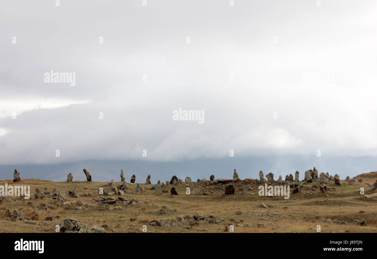 Zorats Karer, or Carahunge, also known as the Stonehenge of Armenia - a megalithic pre-historic site. Stock Photo