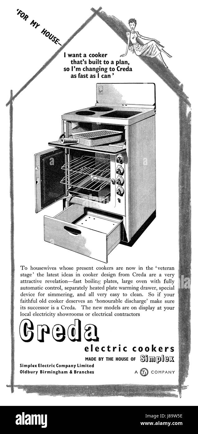 1950 British advertisement for Creda Electric Cookers. Stock Photo