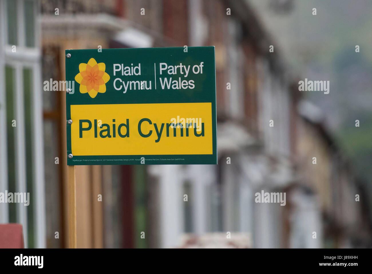 Plaid Cymru signs seen in Porth in the Rhondda Valley in Rhondda, Wales. Stock Photo