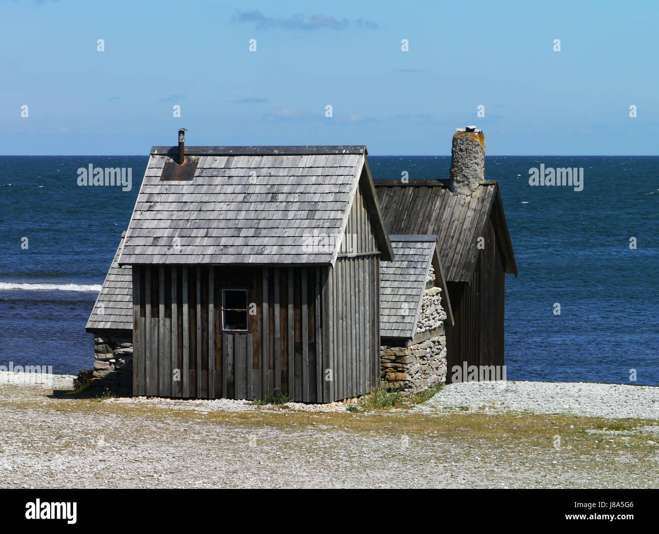 beach, seaside, the beach, seashore, sweden, stony, fishing village, shanties, Stock Photo