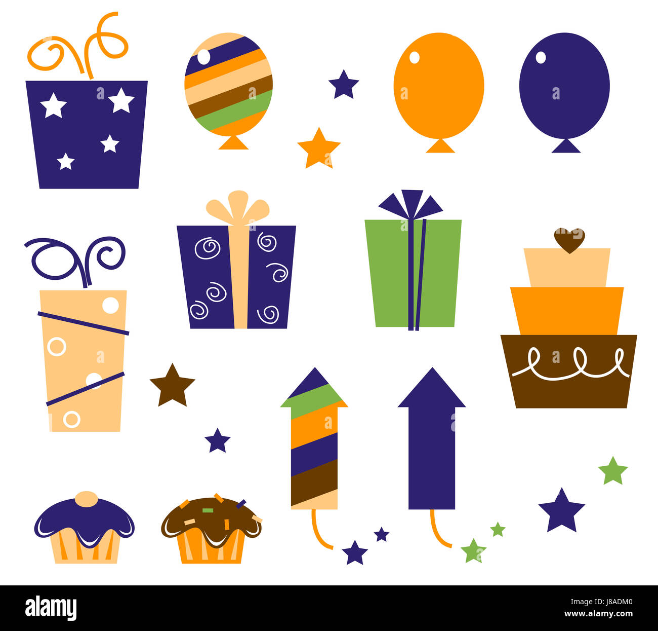 isolated, element, retro, icons, birthday, white, elements, blue ...